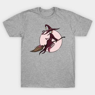 Pink Flying Witch Digital Illustration T-Shirt